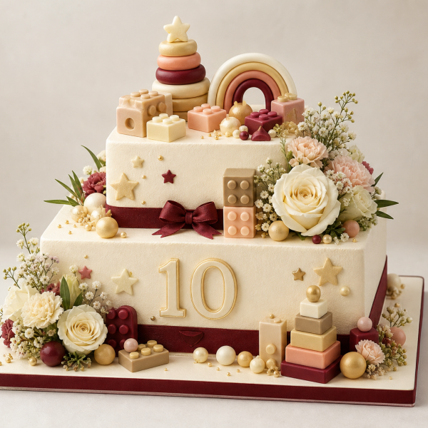 Детский торт на 10 лет: игрушечные кубики и пирамидки, квадратной формы