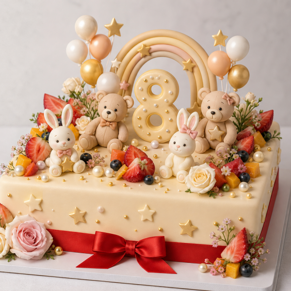 Детский торт на 8 лет: зайцы и медвежата из мастики, квадратной формы