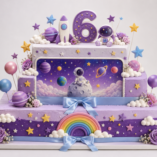 Детский торт на 6 лет: космос со звездами и планетами, прямоугольной формы
