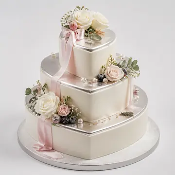 Свадебный торт: Серебристый, Сердце, Крем-Чиз, 3 яруса, Ягоды, 11 кг