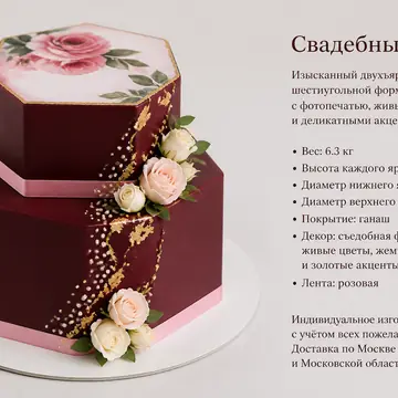 Свадебный торт: Бордовый, Шестиугольник, Ганаш, 2 яруса, Лента, 6 кг
