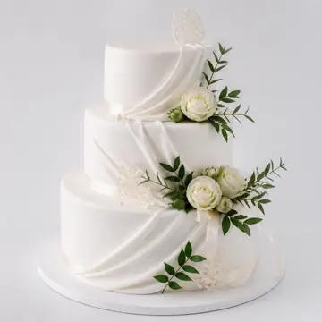 Свадебный торт: Белый, Круг, Сахарная Мастика, 3 яруса, Атласные Ленты, 12 кг