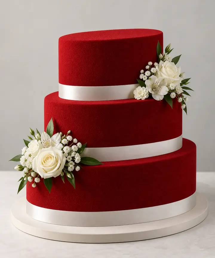 Изображение торта на заказ Свадебные торты: Красный, Овал, Велюр, 3 яруса, Атласные Ленты, 13 кг