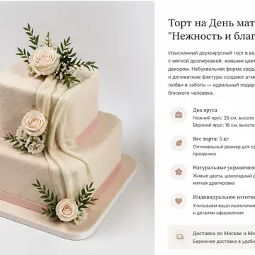 Торт на день матери: Шампань, Квадрат, Велюр, 2 яруса, Велюровое Покрытие, 5 кг
