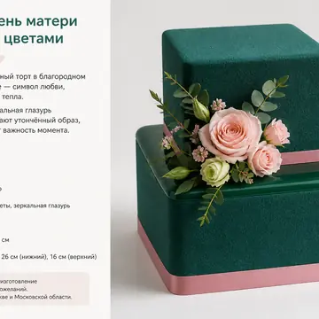 Торт на день матери: Изумрудный, Квадрат, Велюр, 2 яруса, Зеркальная Глазурь, 6 кг