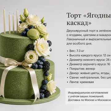 Торт на день рождения: Зеленый, Круг, Велюр, 2 яруса, Макаруны, 7 кг