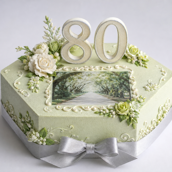 Торт на день рождения на 80 лет с элегантным кремовым декором шестиугольной формы