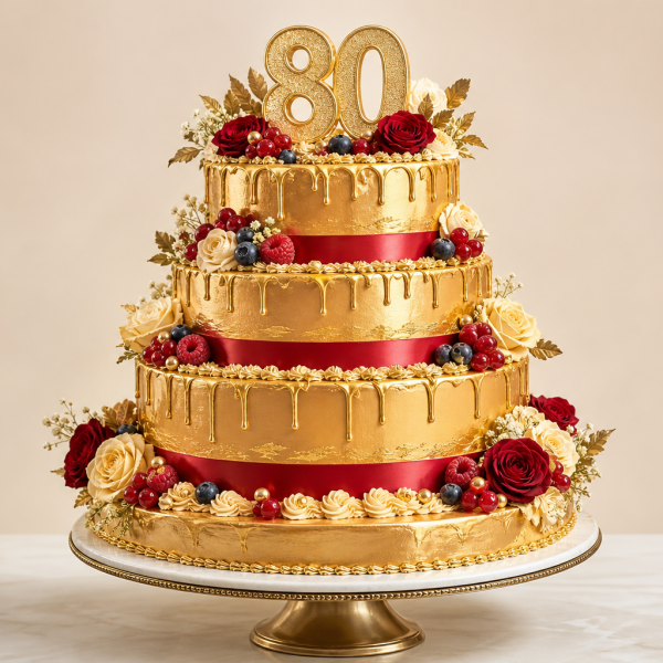 Торт на день рождения на 80 лет с ягодами и цифрами круглой формы