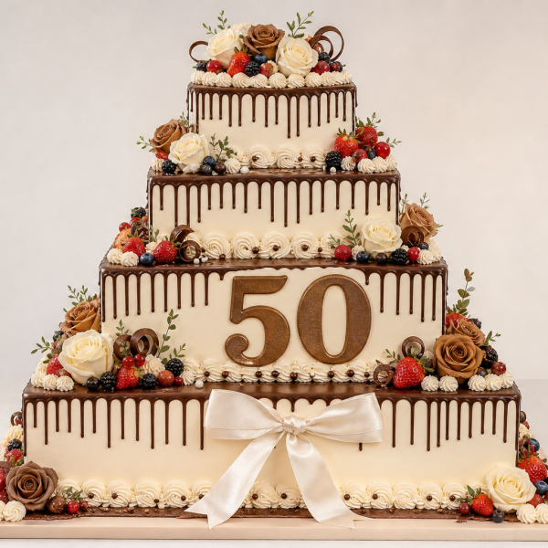 Торт на день рождения на 50 лет с ягодами и цифрами квадратной формы