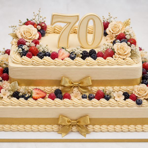 Торт на день рождения на 70 лет с ягодами и цифрами прямоугольной формы