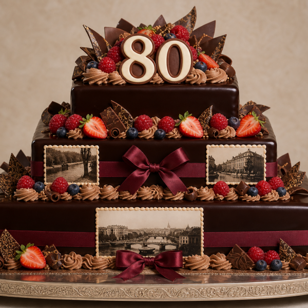 Торт на день рождения на 80 лет с ягодами и цифрами прямоугольной формы