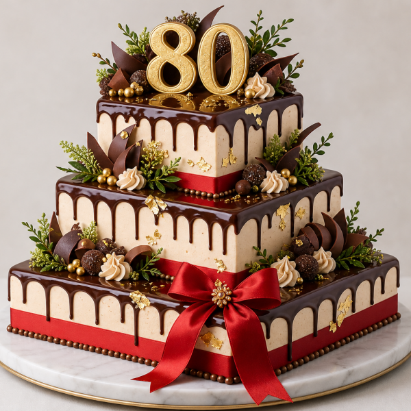 Торт на день рождения на 80 лет с золотом и шоколадом квадратной формы