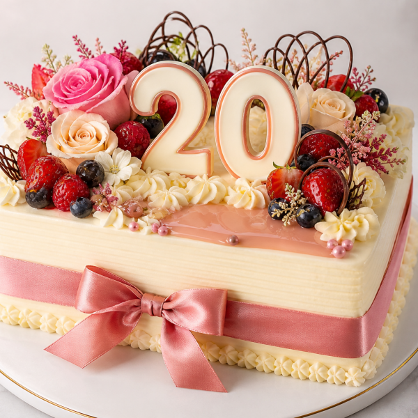 Торт на день рождения на 20 лет с ягодами и цифрами квадратной формы