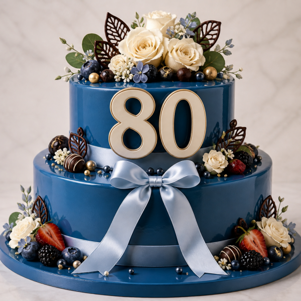 Торт на день рождения на 80 лет с элегантным кремовым декором круглой формы
