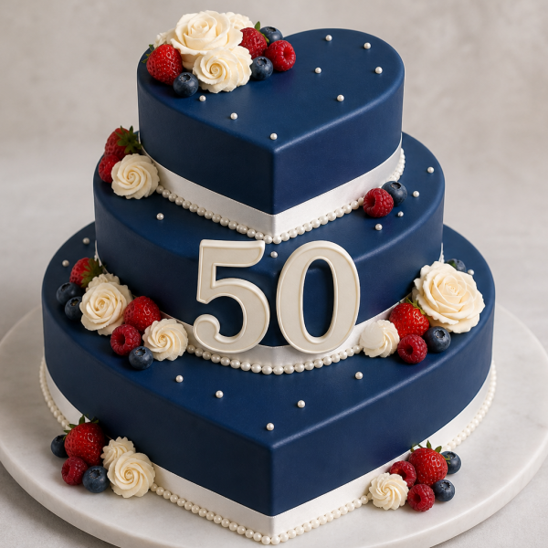 Торт на день рождения на 50 лет с ягодами и цифрами сердечной формы