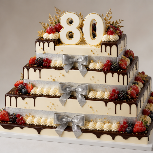 Торт на день рождения на 80 лет с золотом и шоколадом прямоугольной формы