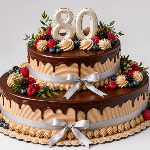Торт на день рождения на 80 лет с ягодами и цифрами овальной формы