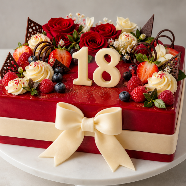 Торт на день рождения на 18 лет с ягодами и цифрами квадратной формы