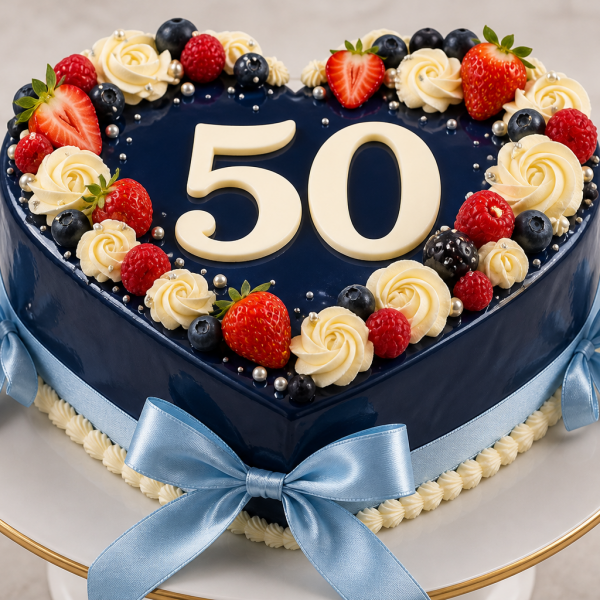 Торт на день рождения на 50 лет с ягодами и цифрами сердечной формы