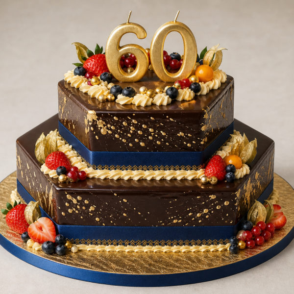 Торт на день рождения на 60 лет с золотом и шоколадом шестиугольной формы