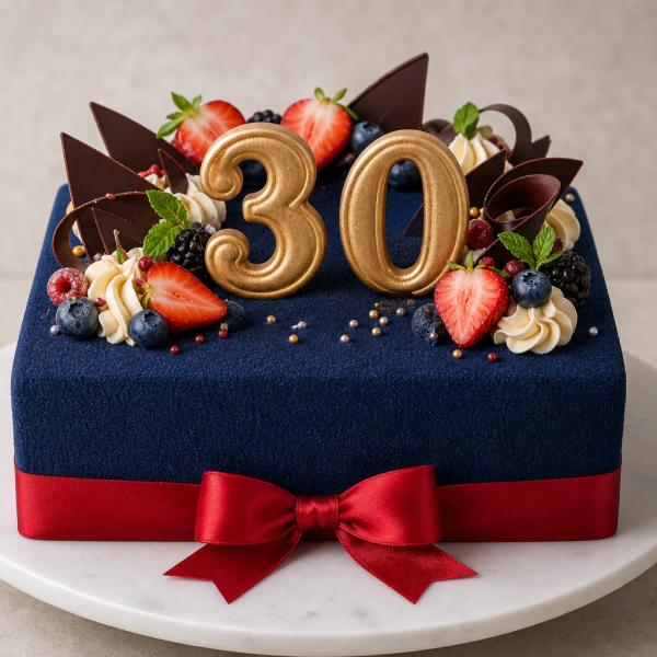 Торт на день рождения на 30 лет с ягодами и цифрами квадратной формы