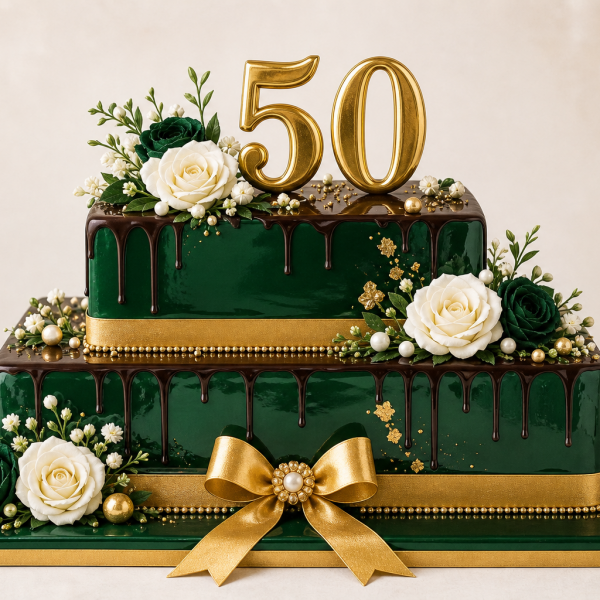 Торт на день рождения на 50 лет с золотом и шоколадом прямоугольной формы