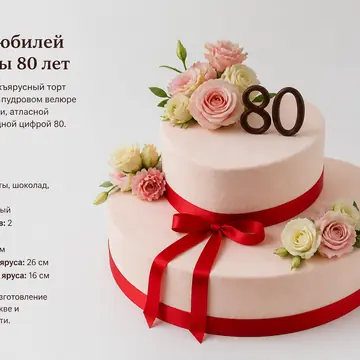 Торт на юбилей женщине: Пудровый, Сердце, Велюр, 2 яруса, Атласные Ленты, 8 кг
